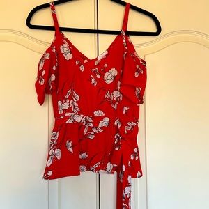 Faux wrap style, side tie, cold shoulder tank